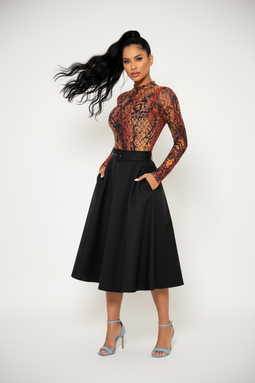 Modelo con body animal print y falda negra